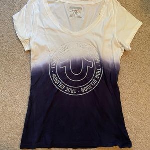 Navy Blue and White Bejeweled True Religion V-Neck Short-Sleeve T-Shirt